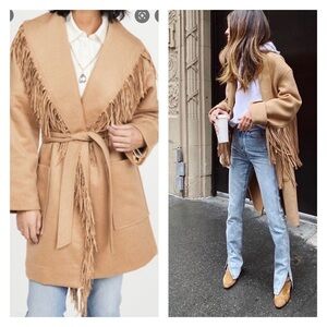 NWT DIVINE HERITAGE x Revolve Shawl Collar Tie Waist Wool Fringe Coat Tan Large